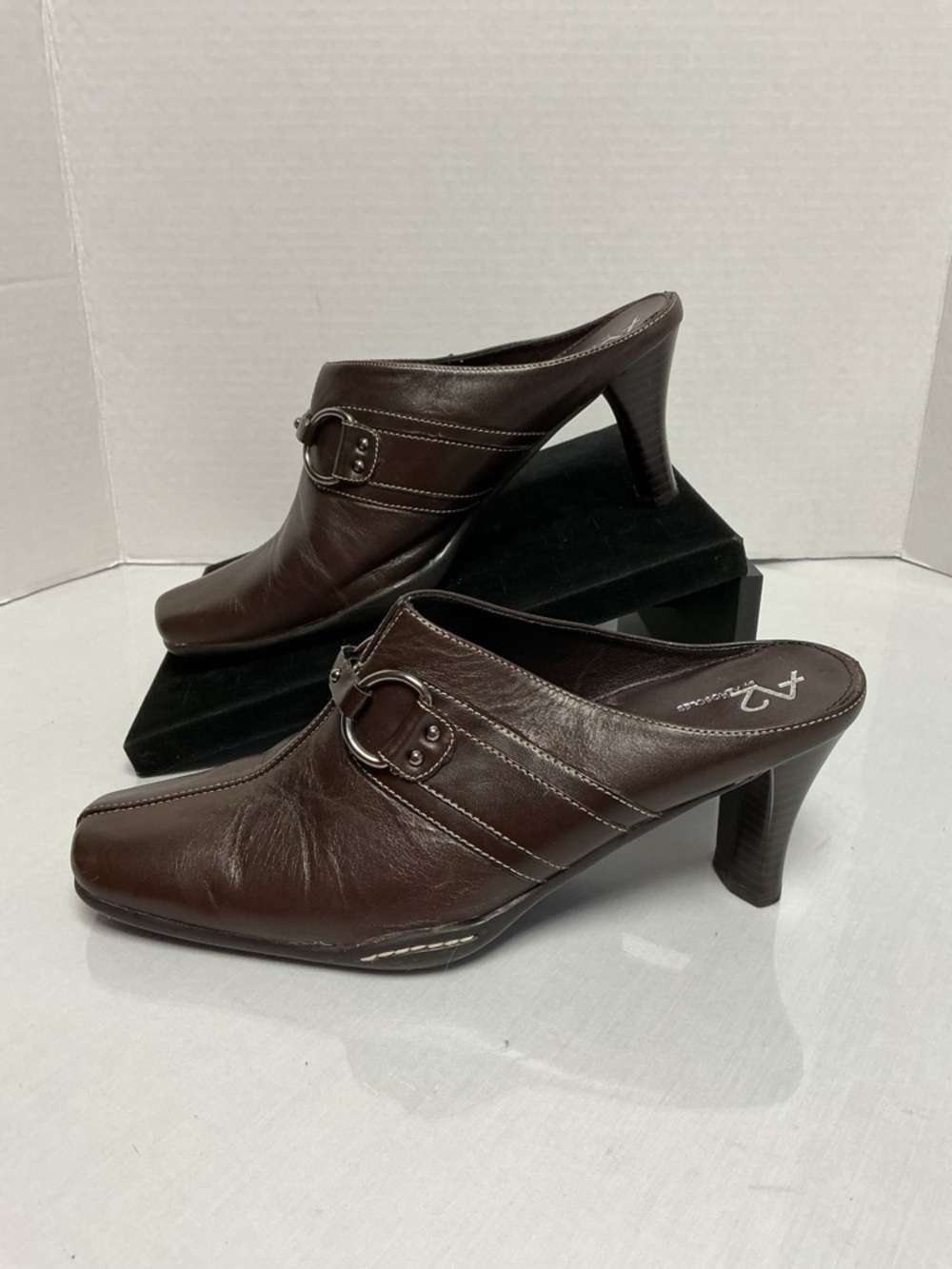 A2 by Aerosoles Snapezoid Leather Mule Heels Dark Brown Square Toe Womens 8M